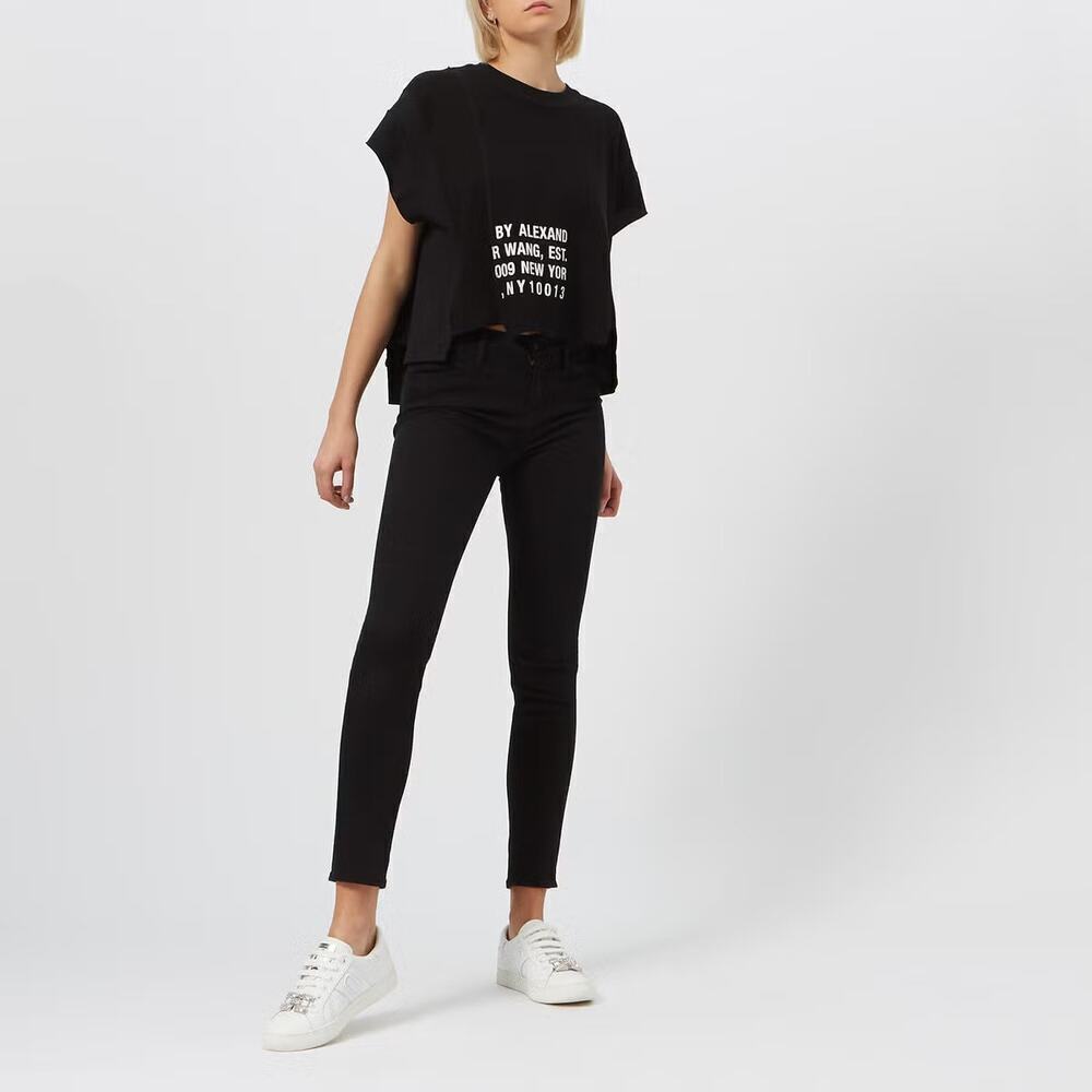 T by Alexander Wang Black Waffle Jersey Rib Combo Cap Sleeves Top Size Medium